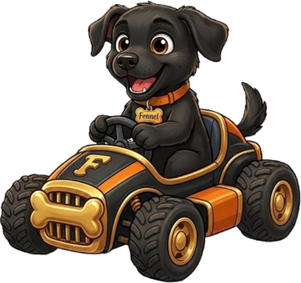 Fennel the black lab in his poker kart