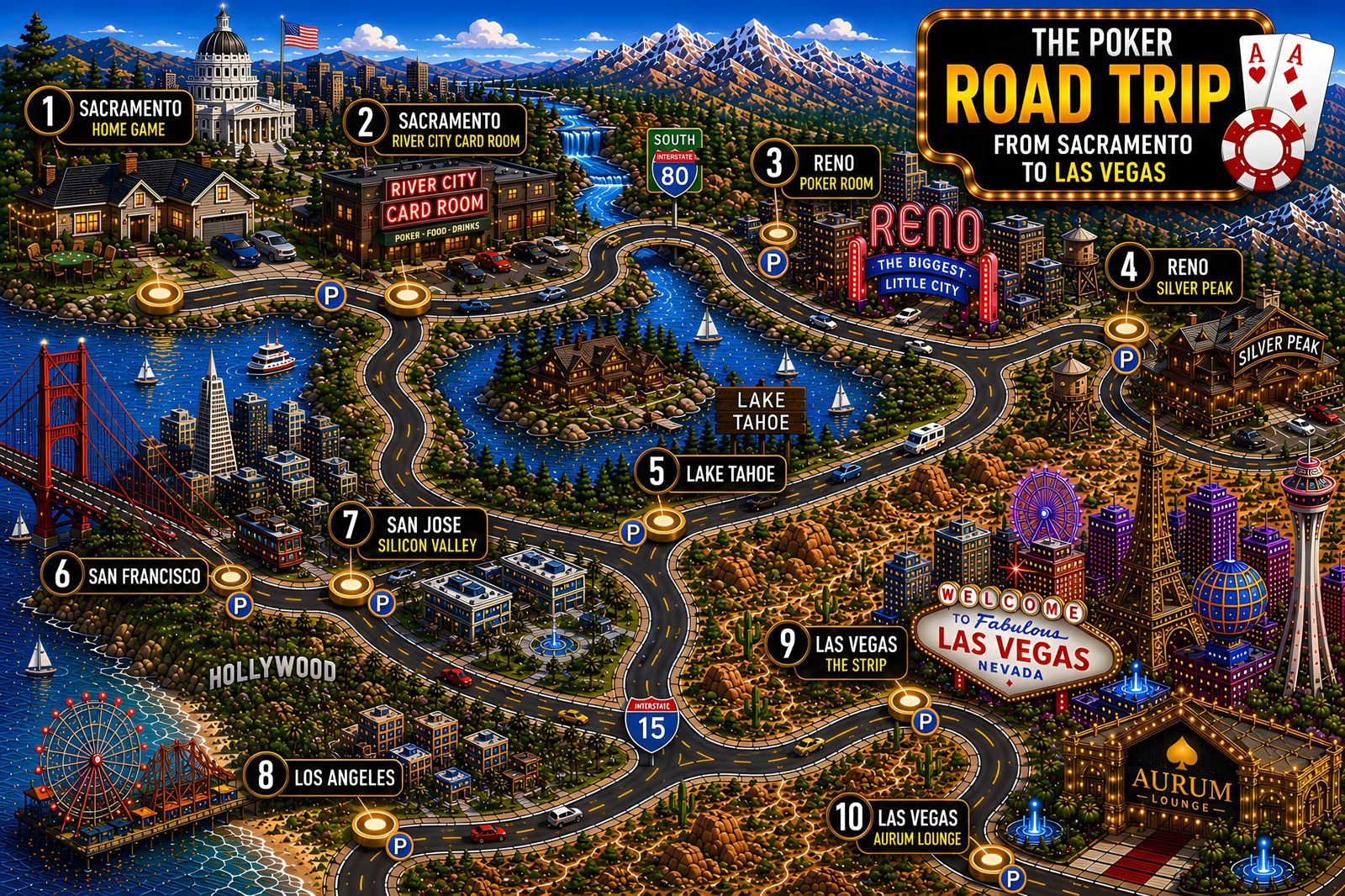 The Poker Road Trip map from Sacramento to Las Vegas